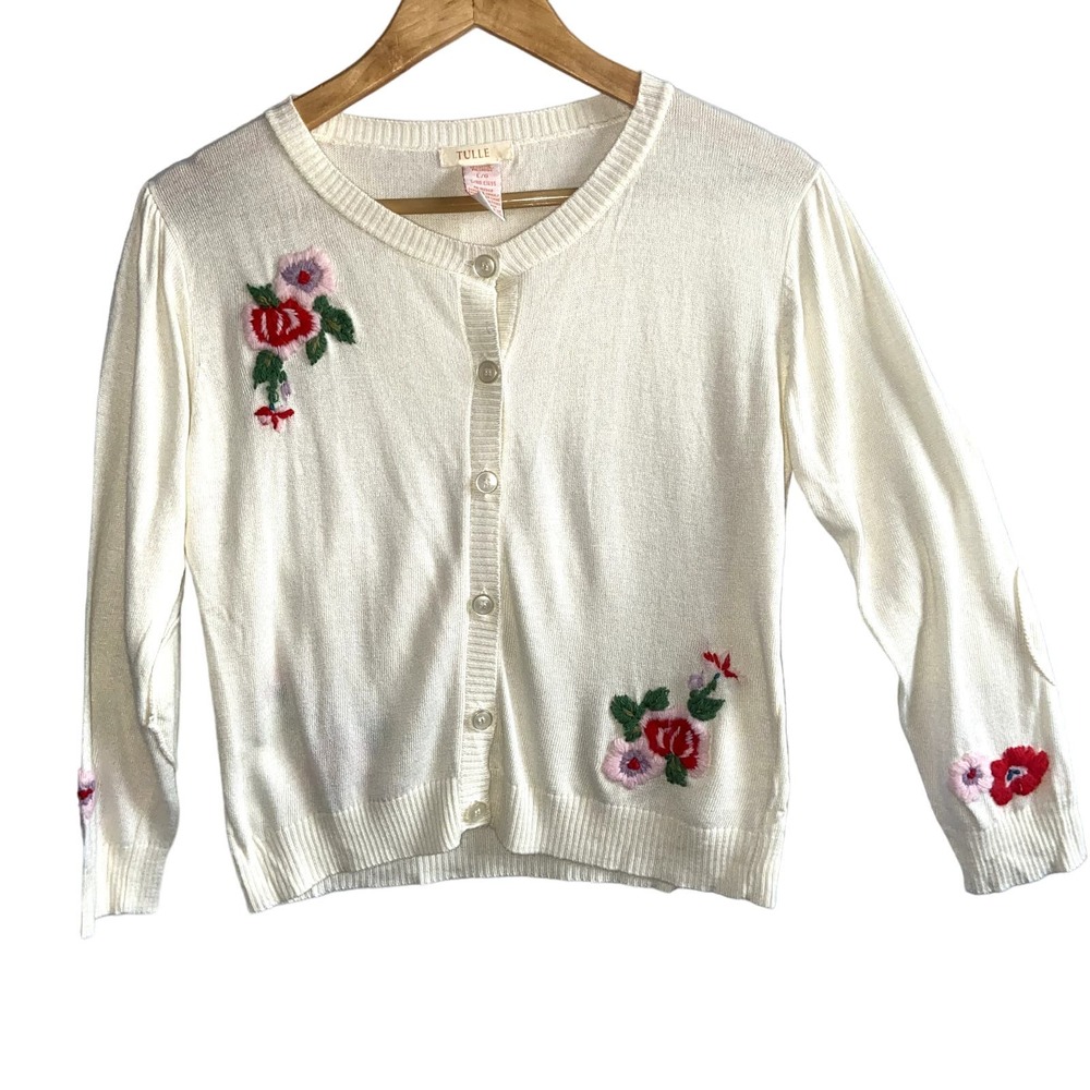 TULLE Cardigan Sweater Embroidered Flowers Button Front Large